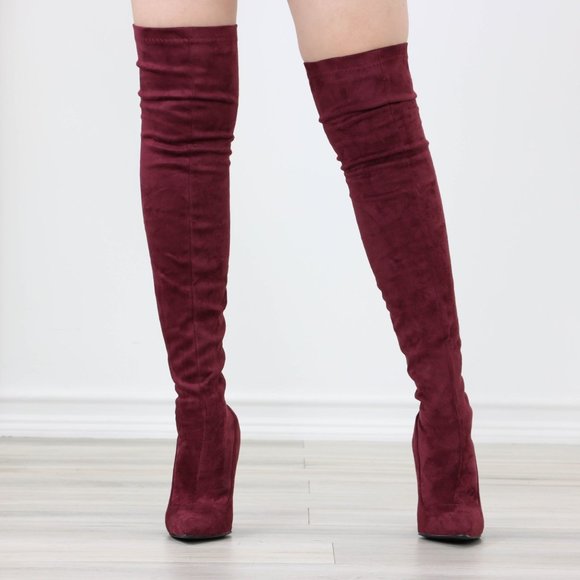 Wine Women's Thigh High Boots Faux Suede Pointed Toe Stilettos - Picture 8 of 15